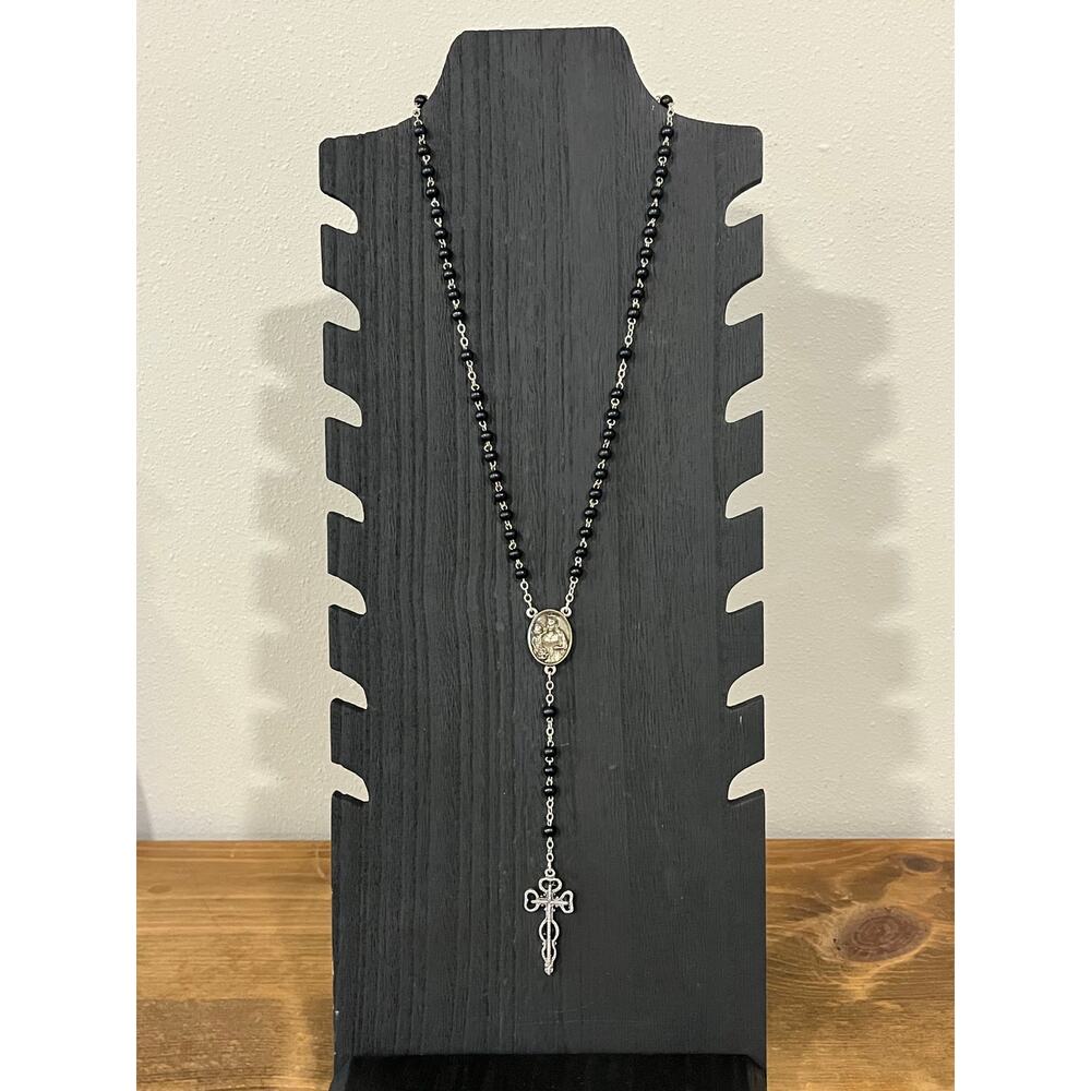 Black Bead Rosary Necklace‎ Silver Tone Crucifix Catholic 16”